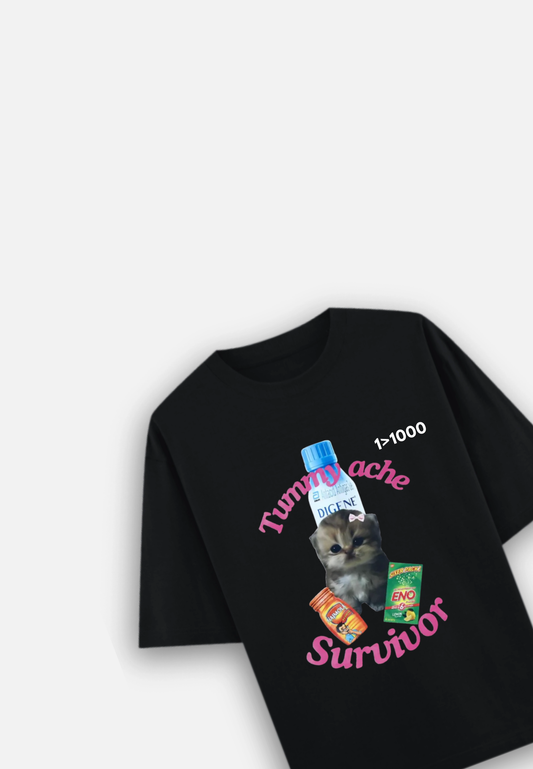 Tummy Ache Survivor Oversized 100% Cotton Black T-Shirt