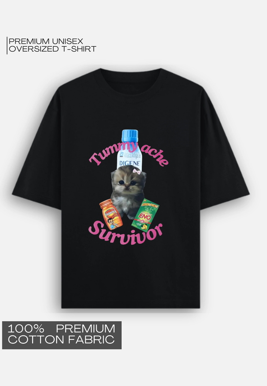 Tummy Ache Survivor Oversized 100% Cotton Black T-Shirt